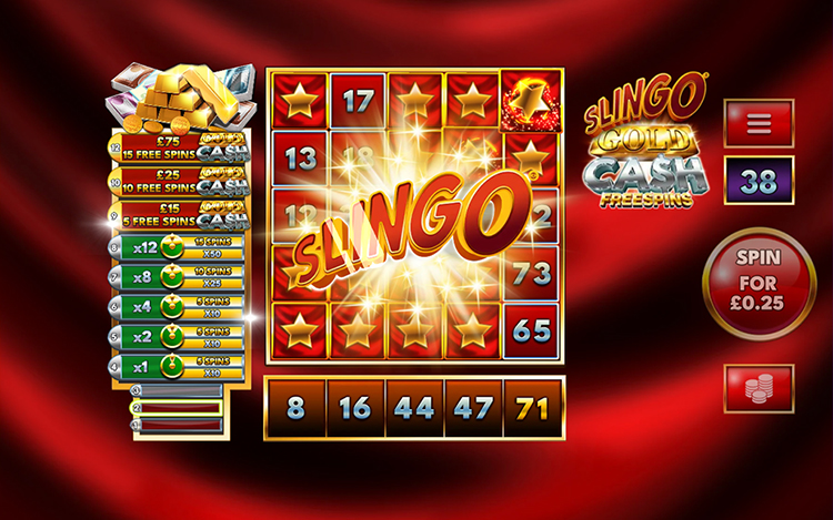 Slingo Gold Cash Freespins grid showing a completed Slingo line with the SLINGO win banner displayed across the grid
