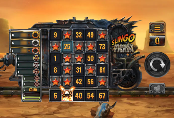 Slingo Money Train grid showing numbers, a Wild symbol and the Slingo Money Train logo beside the armoured train housing