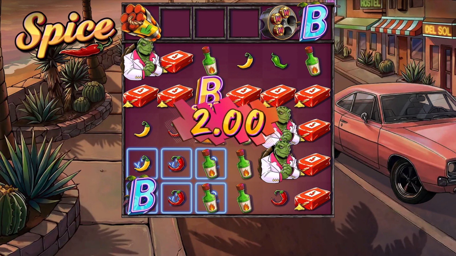 Spice base game grid mid-cascade with a win multiplier