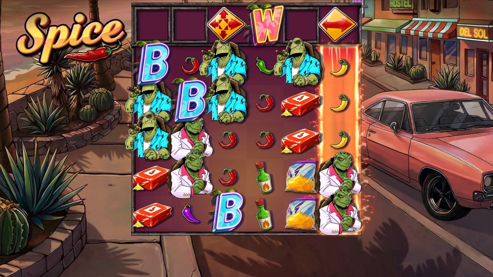 Spice Feature Lane symbols including a Locked Wild and Row Converter on the grid