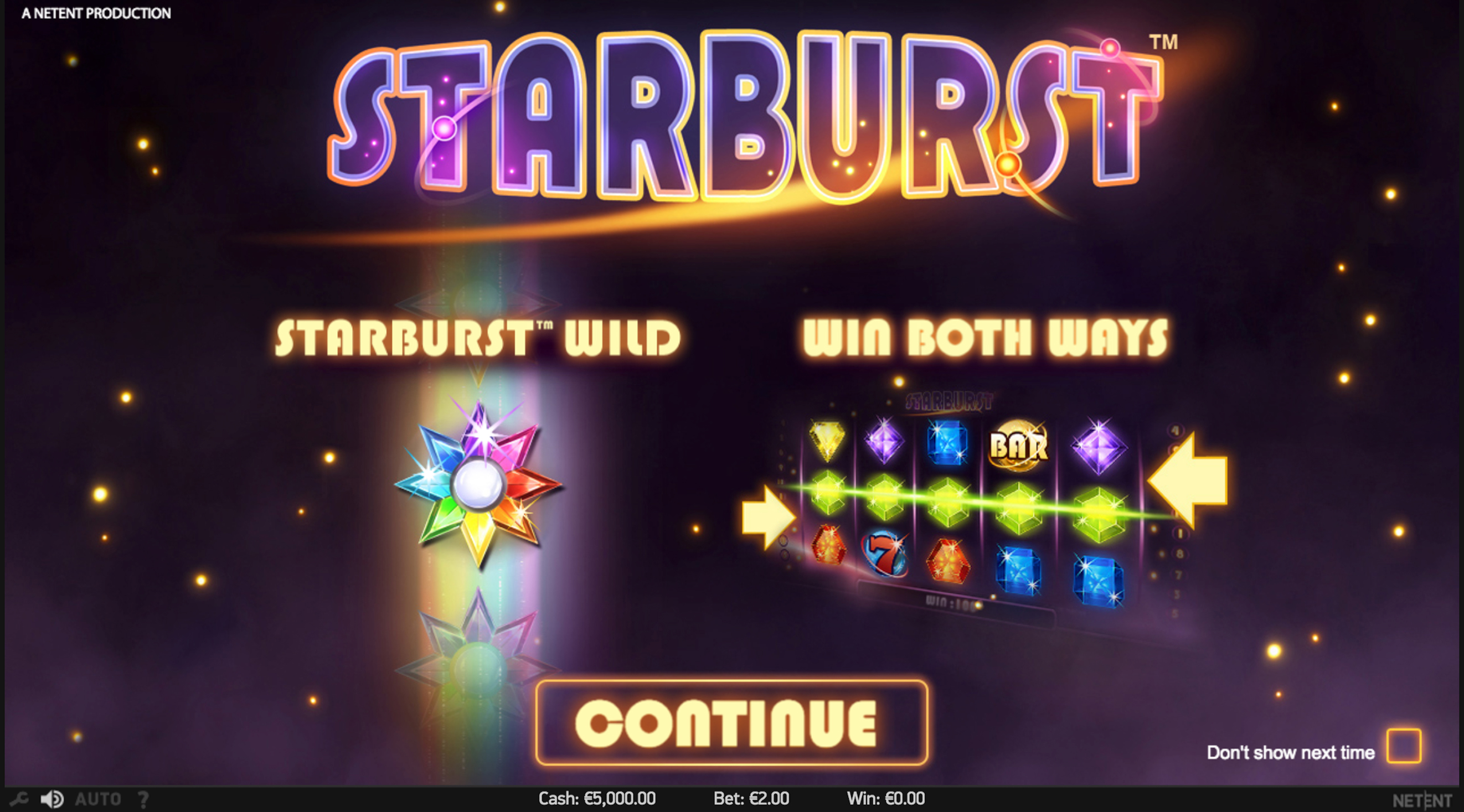 Starburst intro screen explaining the Starburst Wild and Win Both Ways mechanics