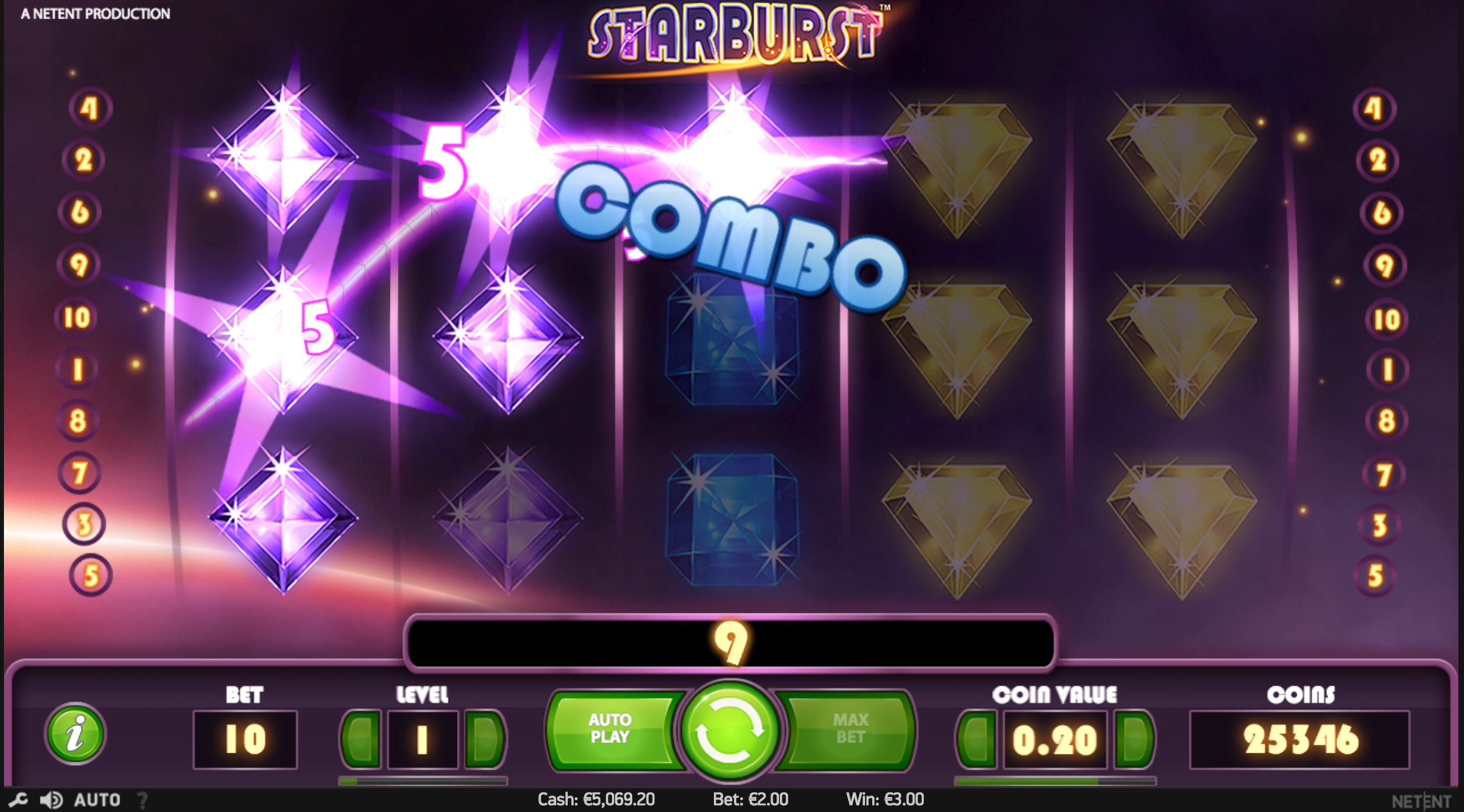 Starburst combo win celebration across multiple Starburst Wild positions