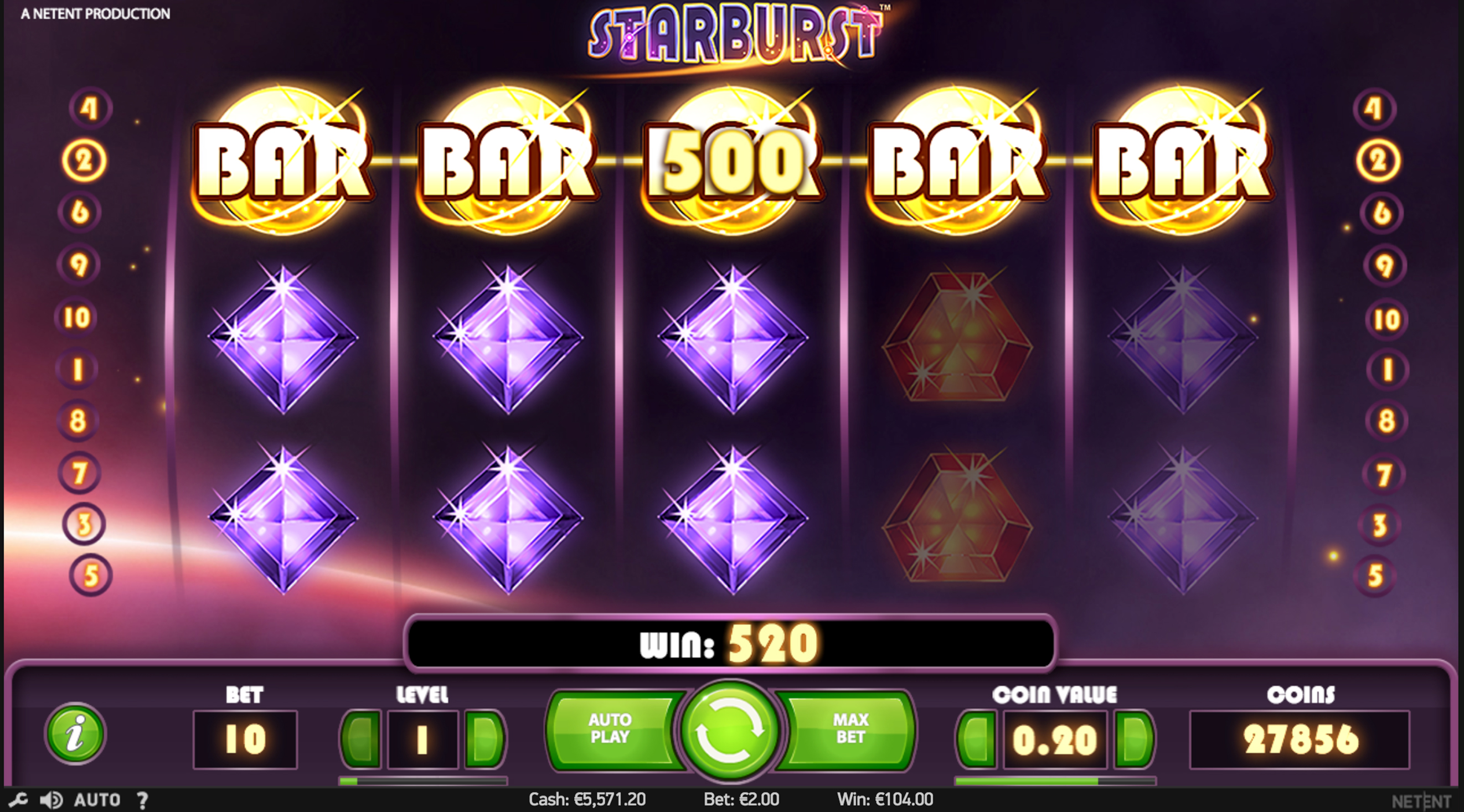 Starburst reels showing five matching BAR symbols for a win