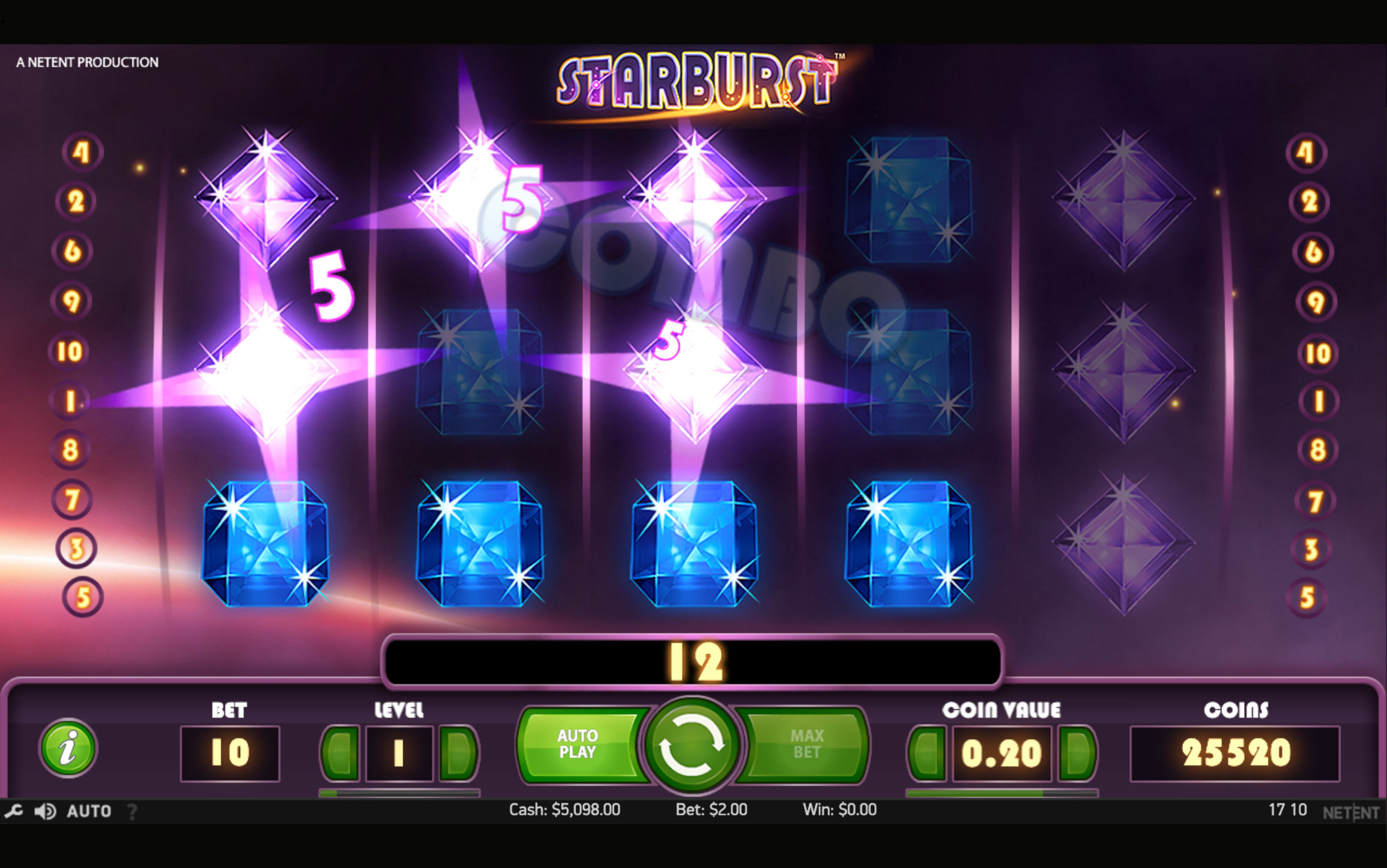 Starburst reels showing a large win with matching diamond symbols