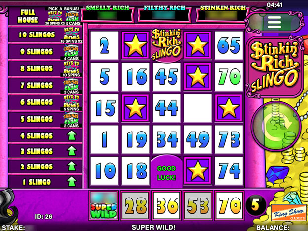 Stinkin' Rich Slingo grid showing numbers, Wild and Super Wild symbols, jackpot meters and the Full House progression ladder on the left