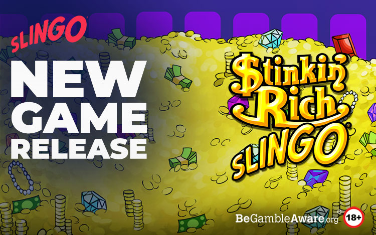 Stinkin' Rich Slingo promotional artwork showing gold coins, jewels and banknotes beneath the Stinkin' Rich Slingo logo