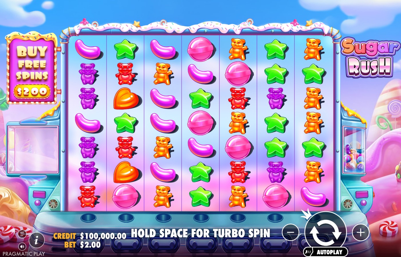 Sugar Rush base game interface showing the 7x7 grid of candy symbols with the Buy Free Spins banner and credit/bet display