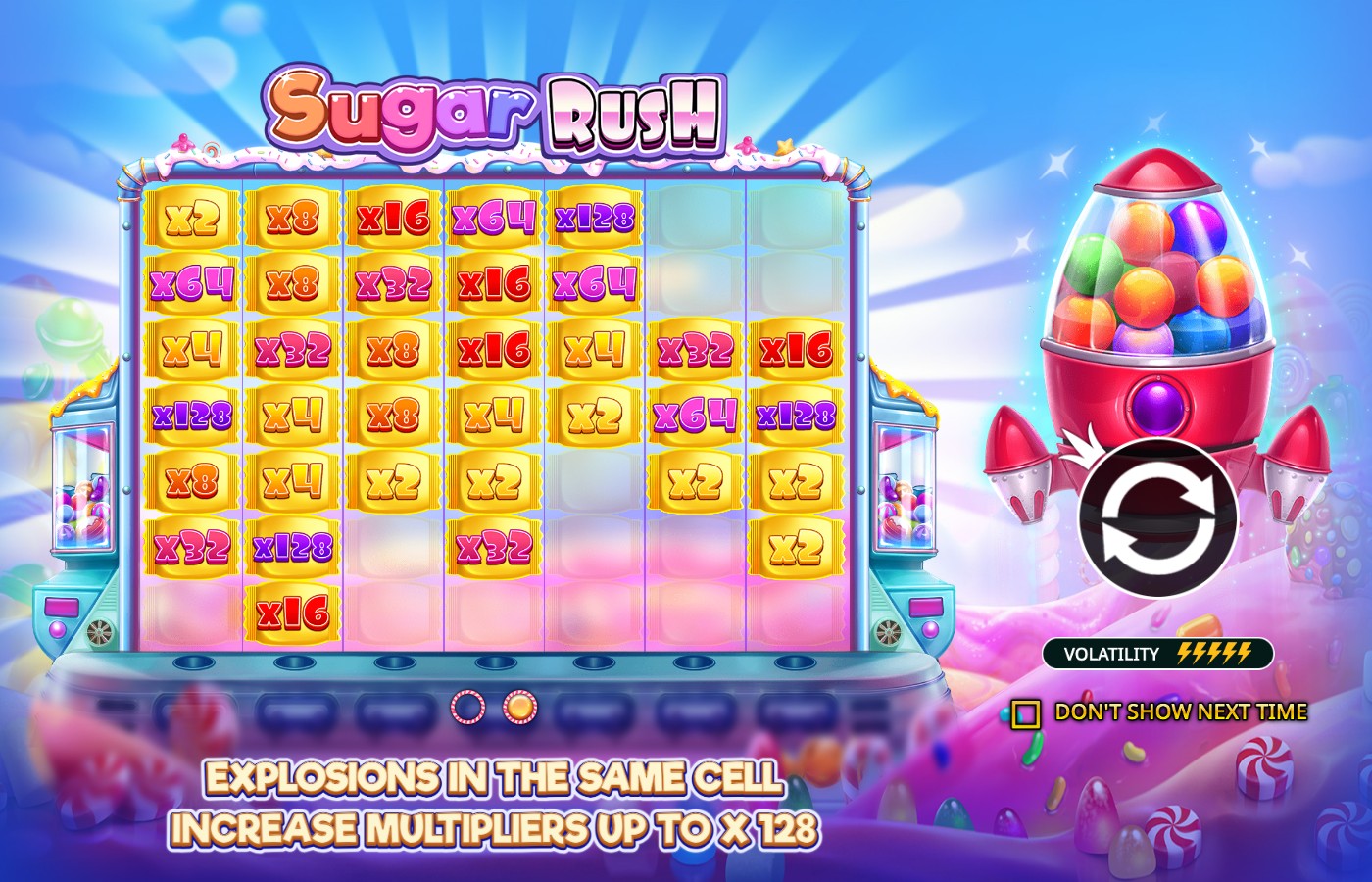 Sugar Rush intro screen showing the multiplier grid explainer with values from x2 up to x128 and the text Explosions in the same cell increase multipliers up to x128