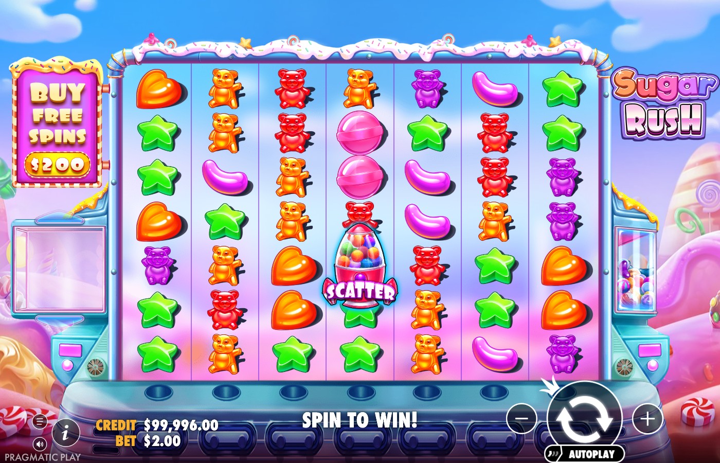 Sugar Rush reels with the gumball rocket scatter symbol landing and a Scatter label displayed on the grid