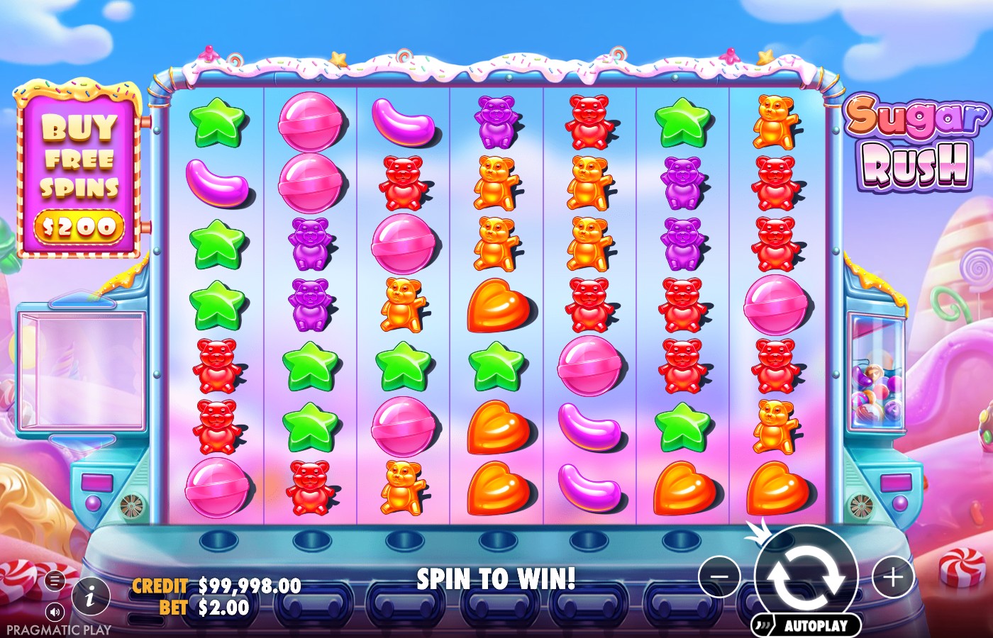 Sugar Rush reels after a spin showing a fresh arrangement of gummy bear, star, heart and lollipop symbols across the 7x7 grid
