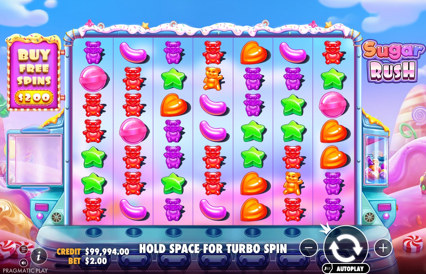 Sugar Rush grid mid-session showing a fresh mix of hearts, lollipops, jellybeans and gummy bear symbols across all seven reels