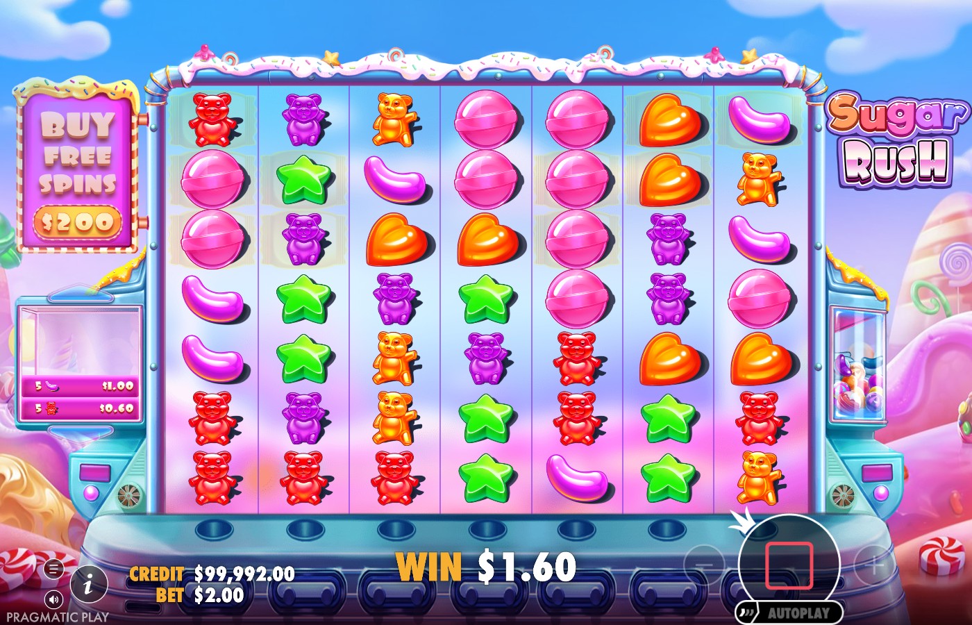 Sugar Rush win screen showing a $1.60 payout with the symbol cluster breakdown listed on the left of the grid