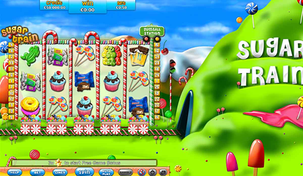 Sugar Train slot base game reels showing gummy bears, cupcakes, lollipops and a donut symbol, set on a candy-cane train against a green hill backdrop