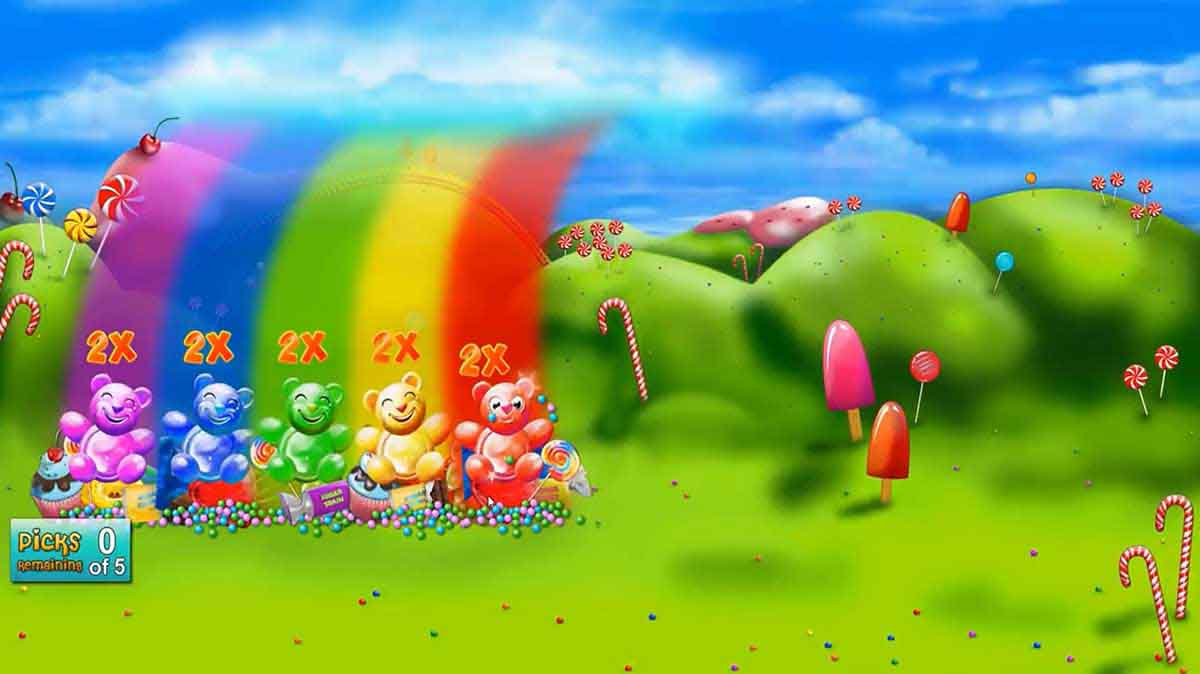 Sugar Train Rainbow Picks bonus screen showing five gummy bear characters each with a 2x multiplier under a rainbow