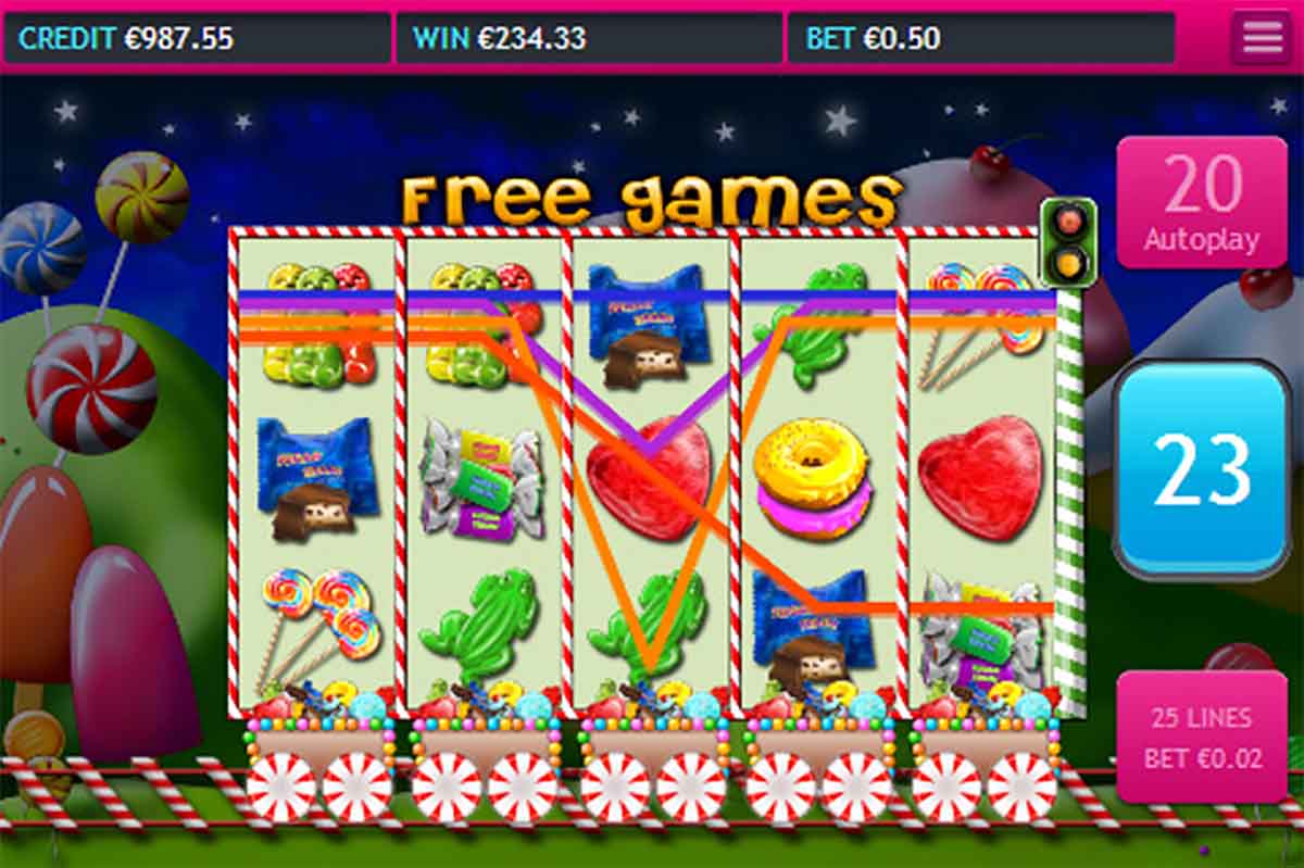 Sugar Train Free Games round showing a winning payline across candy symbols with 23 free spins remaining
