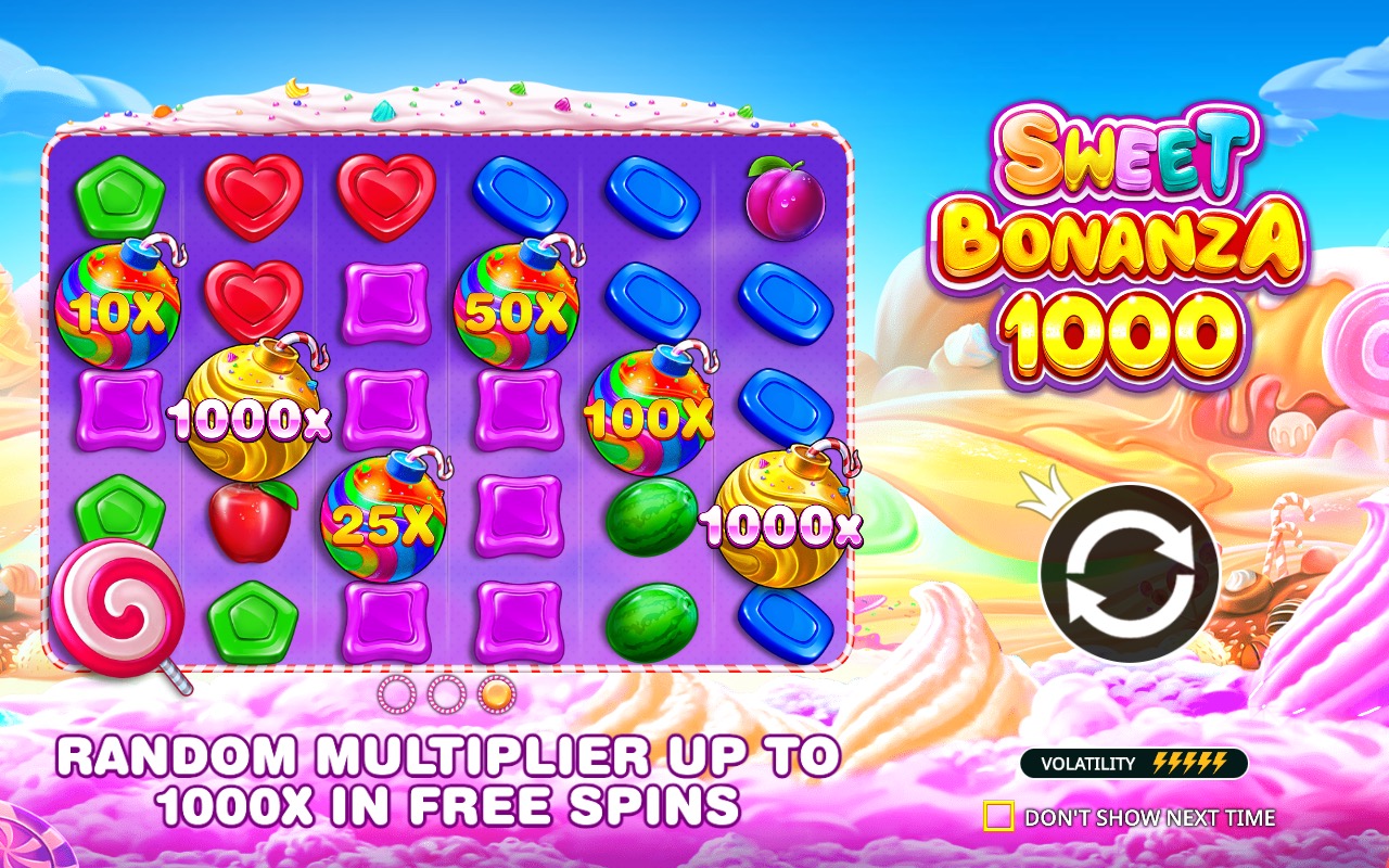 Sweet Bonanza 1000 grid showing multiplier bomb symbols worth up to 1,000x during free spins