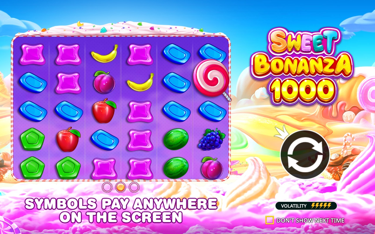 Sweet Bonanza 1000 base game grid with fruit and candy symbols, labelled Symbols Pay Anywhere On The Screen