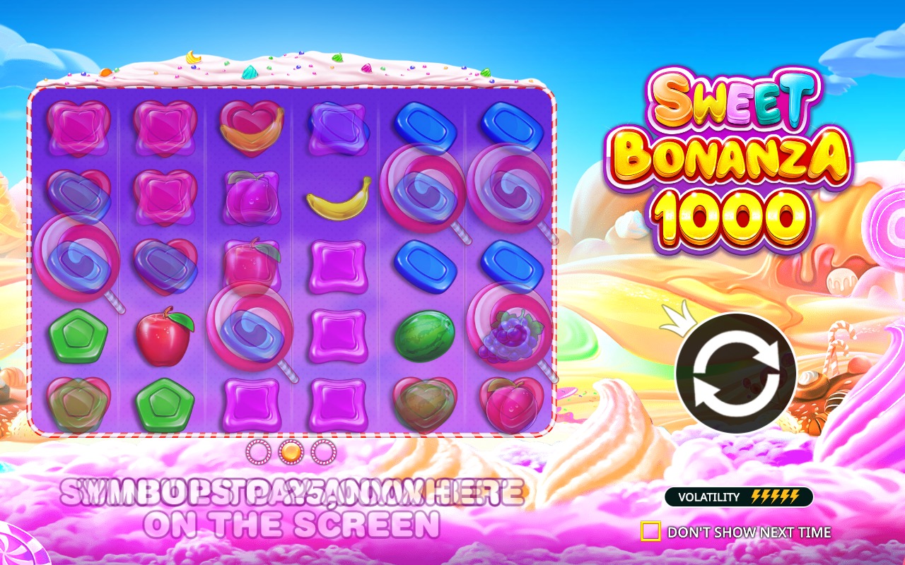 Sweet Bonanza 1000 base game grid with the Sweet Bonanza 1000 logo and volatility indicator