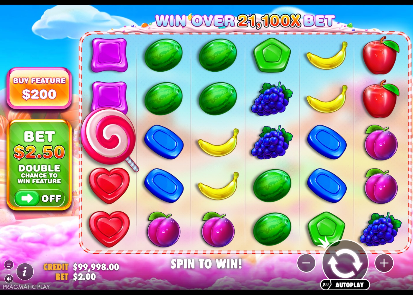 Sweet Bonanza splash screen showing a Win Over 21,100x Bet banner
