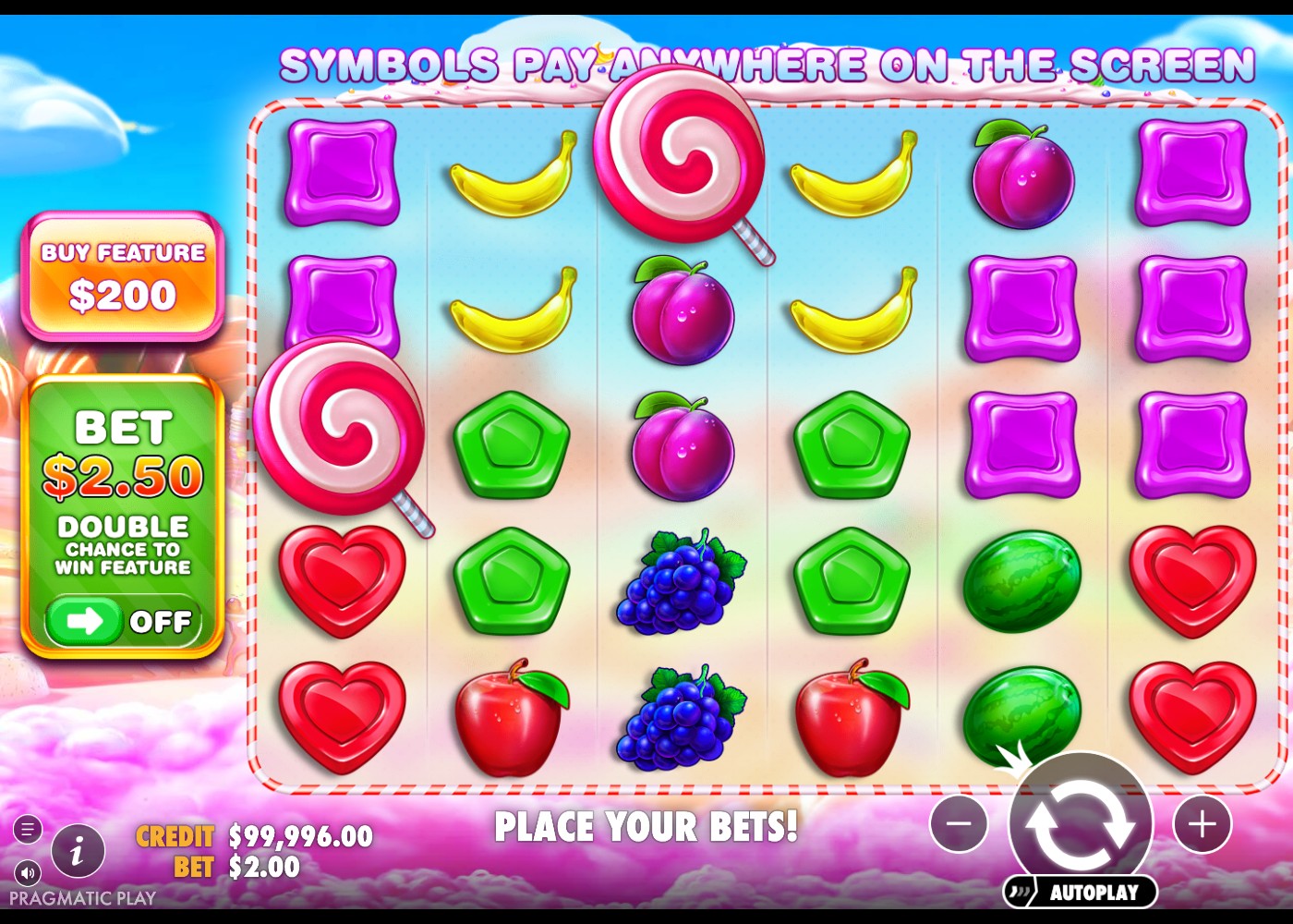 Sweet Bonanza grid with a Symbols Pay Anywhere On The Screen banner explaining the scatter-pays mechanic