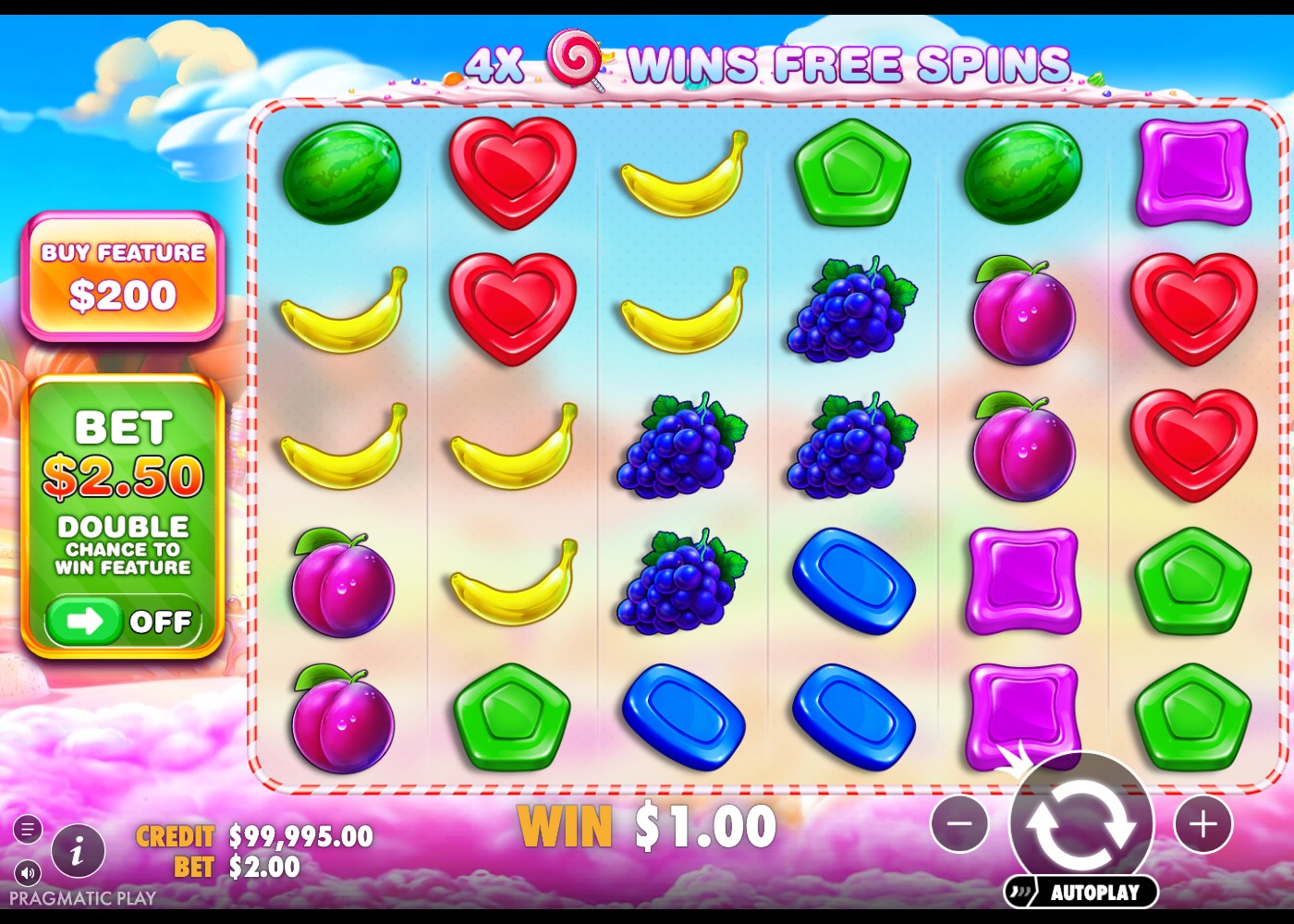 Sweet Bonanza base game win moment with a banner confirming four scatters wins free spins