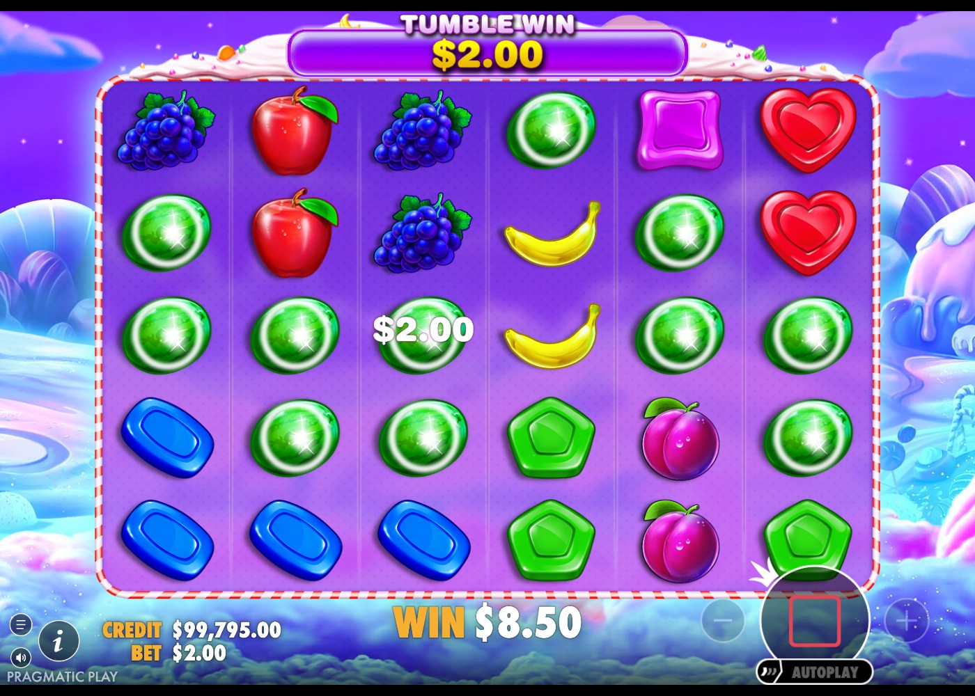 Sweet Bonanza free spins bonus round on its purple background with a tumble win in progress