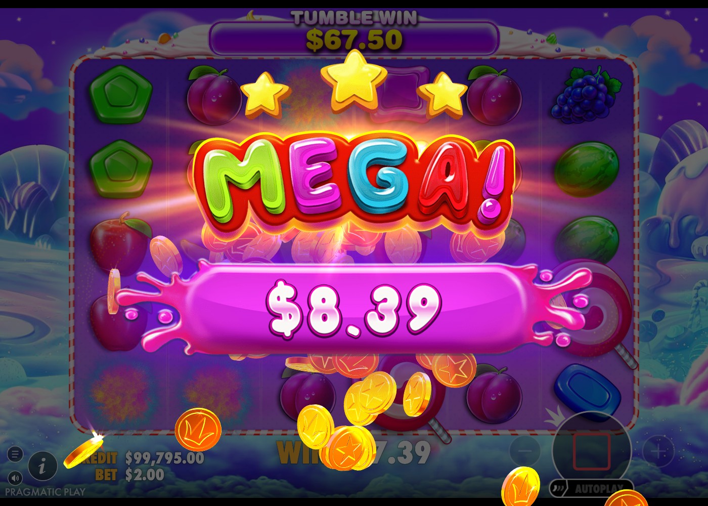 Sweet Bonanza big win celebration screen during a free spins tumble, with coins animating across the grid