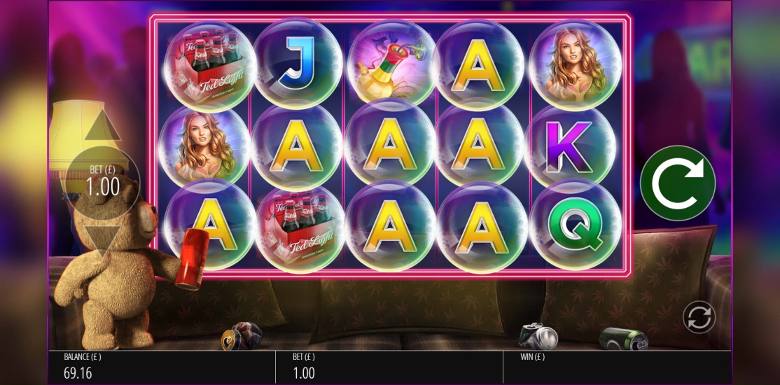 Ted slot base game reels showing a modifier feature triggering with the Ted character symbol