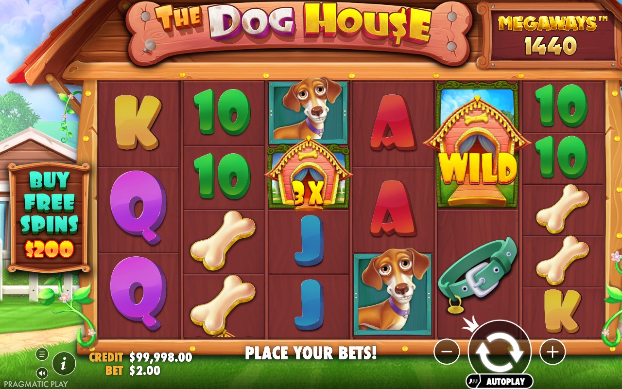 The Dog House Megaways screenshot showing a kennel Wild symbol with a 3x multiplier badge on reel four