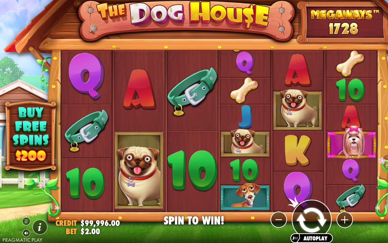 The Dog House Megaways screenshot showing a 2x multiplier wild alongside several dog and card symbols