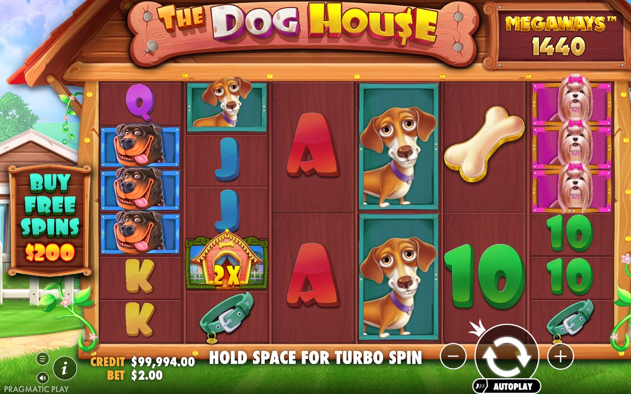 The Dog House Megaways screenshot showing multiple dog breed symbols including a Rottweiler, Beagle and Yorkshire Terrier stacked on the reels