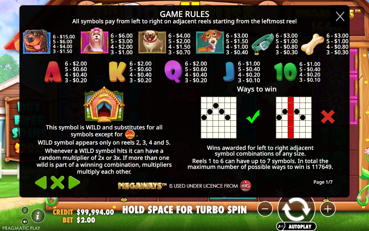 The Dog House Megaways in-game rules screen showing the full symbol paytable and Wild explanation