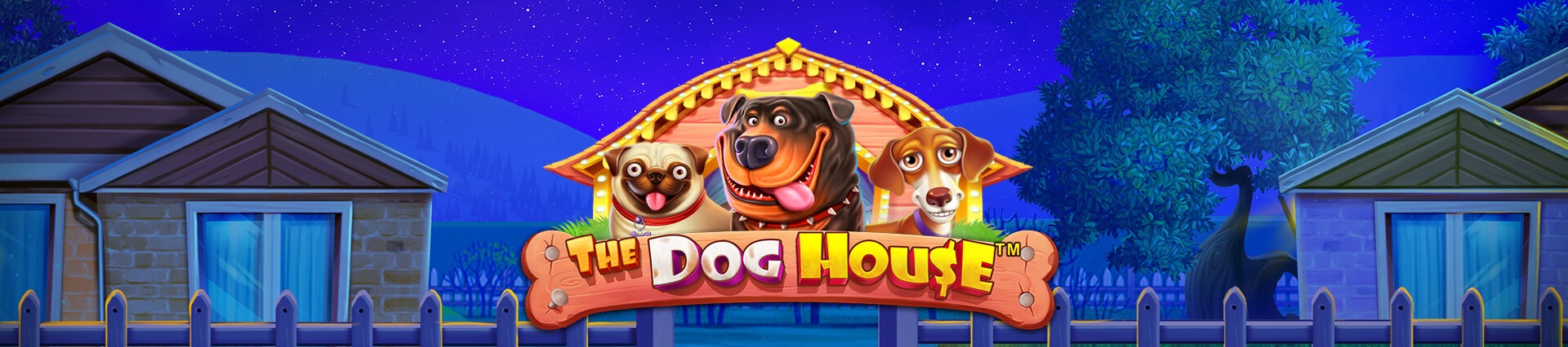 The Dog House official key art showing three cartoon dogs β a pug, a rottweiler, and a beagle β behind a wooden kennel sign at night