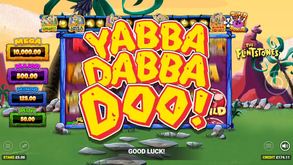 The Flintstones slot base game reels showing character symbols and Money Collect icons on the 5x3 grid