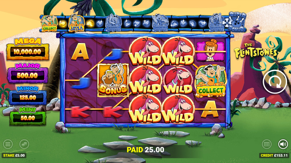 The Flintstones slot base game showing Money Collect symbols on the reels with Fred symbol landing on reel 5