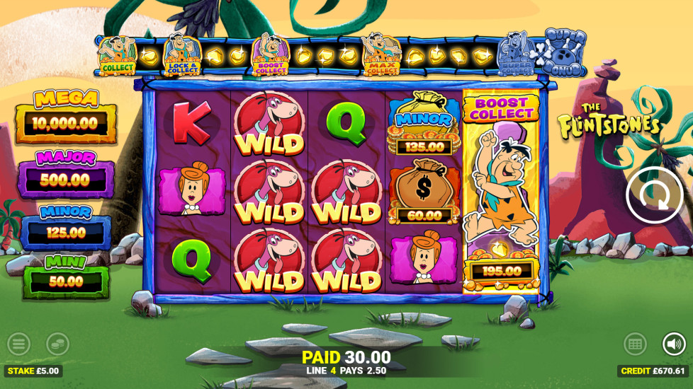 The Flintstones slot Free Spins feature showing Money Collect symbols and Super Fred upgrade in progress