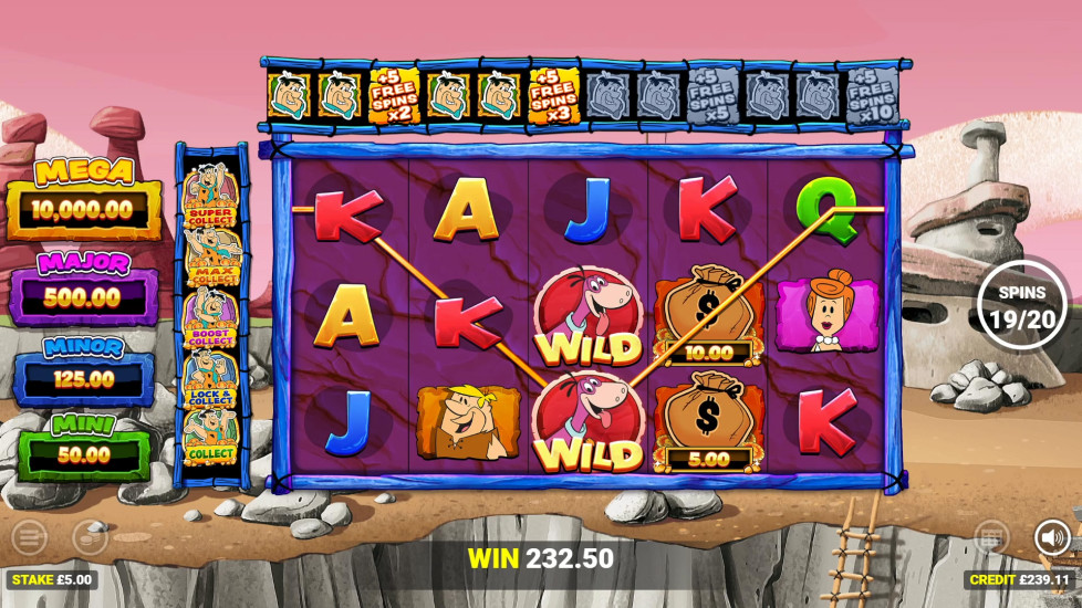 The Flintstones slot Super Free Spins feature showing unlimited spins with Money Collect upgrades