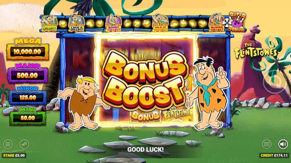 The Flintstones slot showing a big win with multiple Money Collect symbols awarded on Fred landing