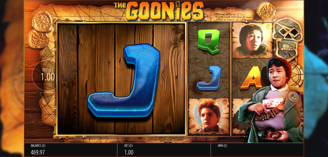 The Goonies slot bonus wheel selector screen showing the six available bonus round options