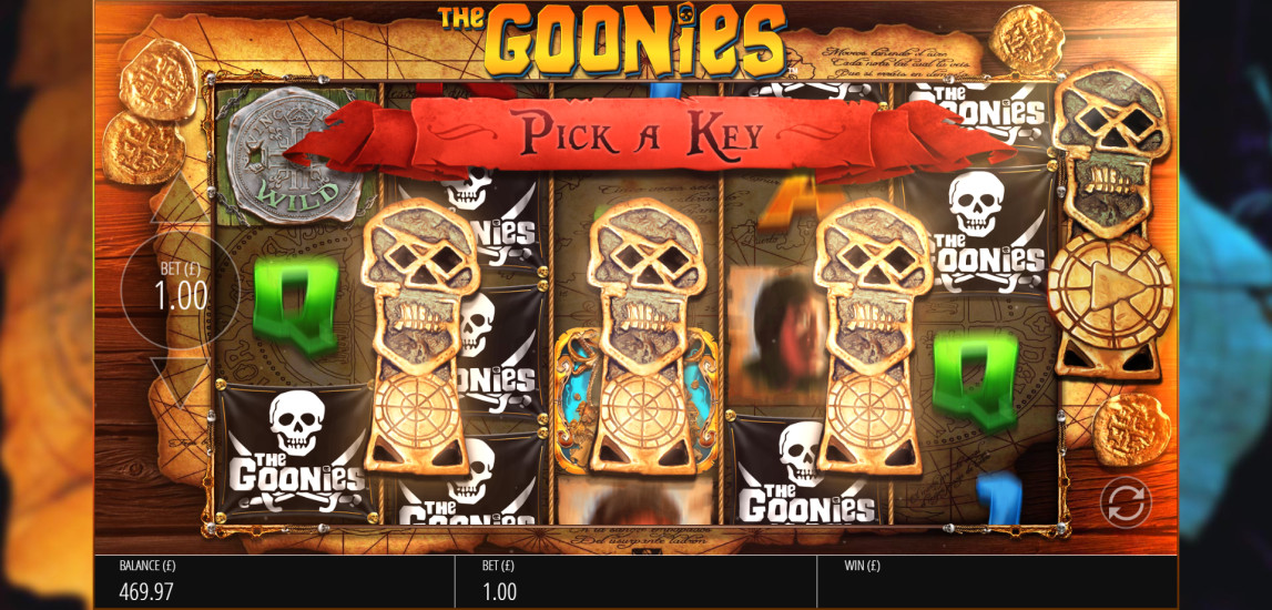 The Goonies slot Fratelli's Hideout pick and click bonus round showing key selection screen