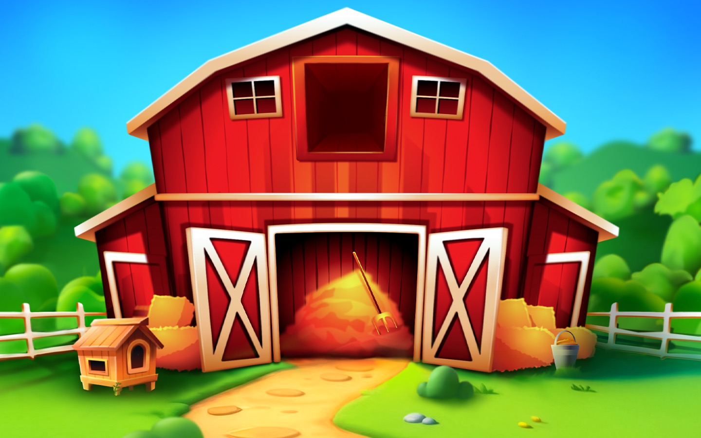 The Great Eggscape promotional background artwork showing a red barn, chicken coop and farmyard path
