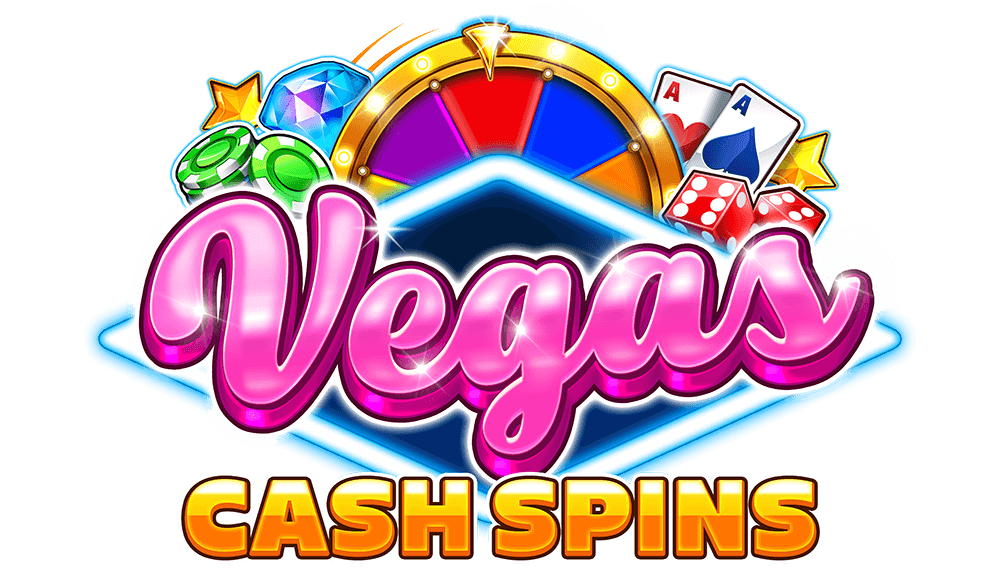 Vegas Cash Spins logo art showing a colourful spinning wheel, playing cards, dice and casino chips