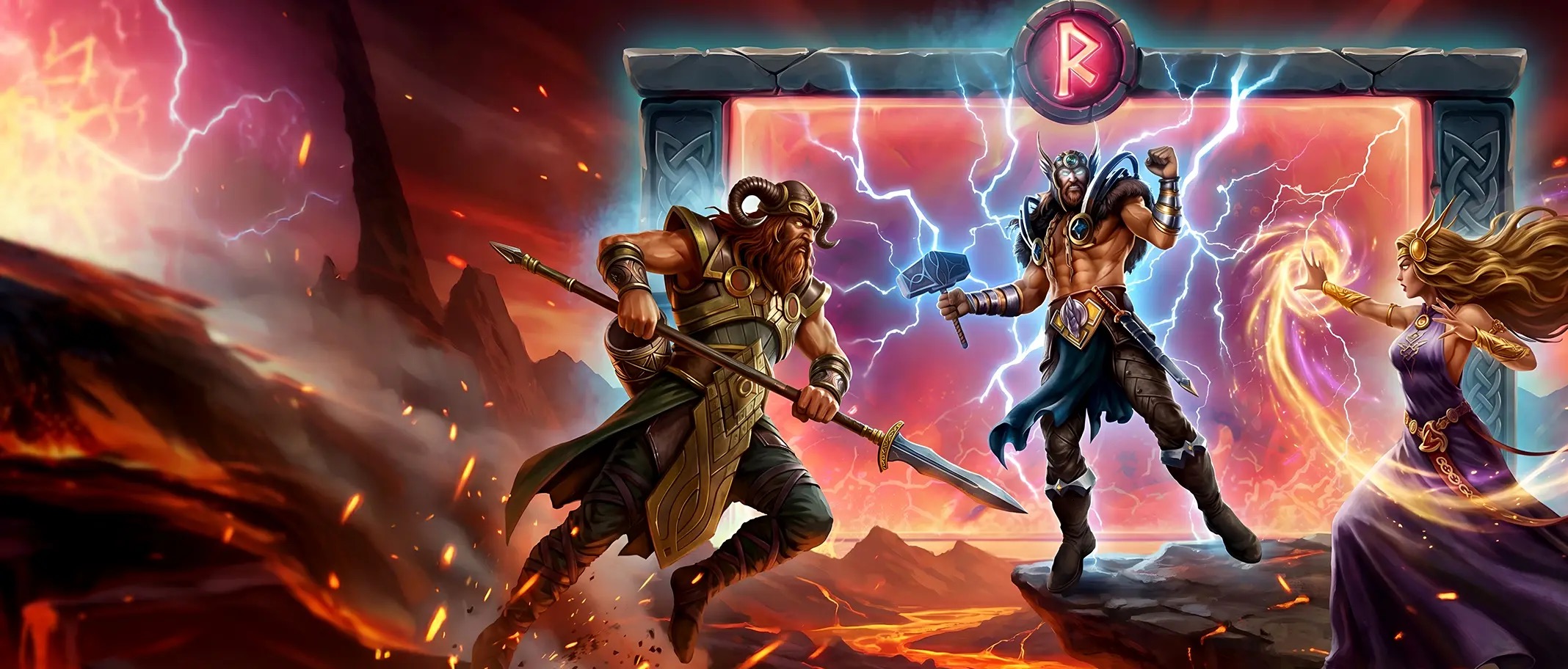 Viking Runecraft 1000 key art showing a Viking warrior, Thor and Freya facing off amid lightning