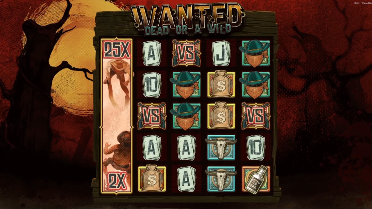 Wanted Dead or a Wild base game grid with a 25x multiplier wild reel active over a graveyard backdrop