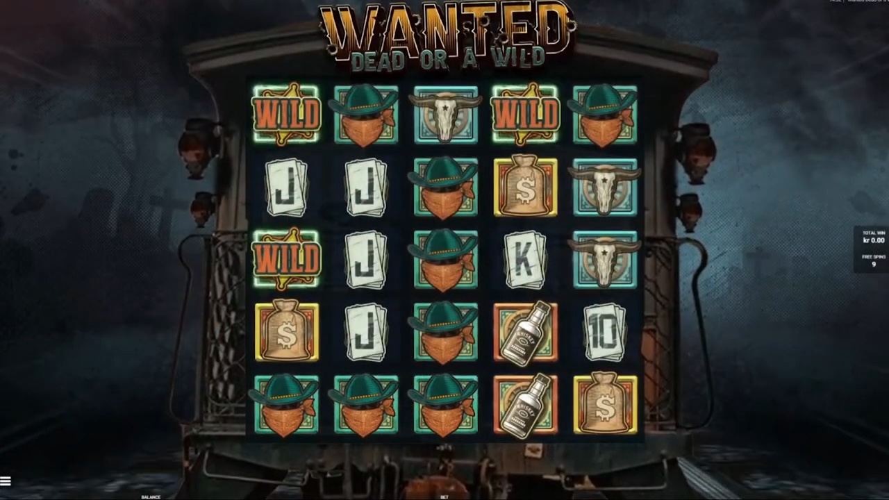 The Great Train Robbery bonus round grid in Wanted Dead or a Wild, showing sticky wild symbols on a railway carriage backdrop
