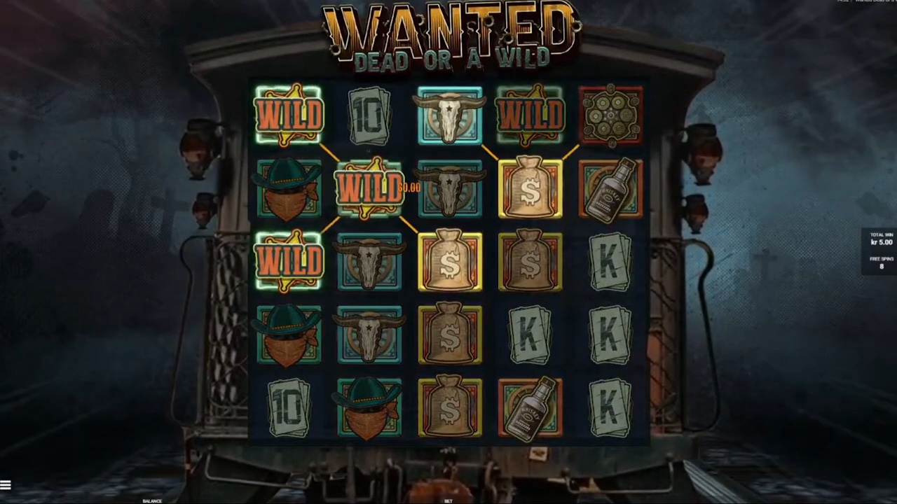 Dead Man's Hand bonus round collect phase in Wanted Dead or a Wild, showing accumulated wild symbols on a dark railway carriage backdrop