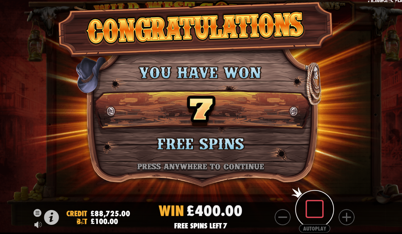 Wild West Gold Megaways free spins trigger screen confirming 7 free spins awarded