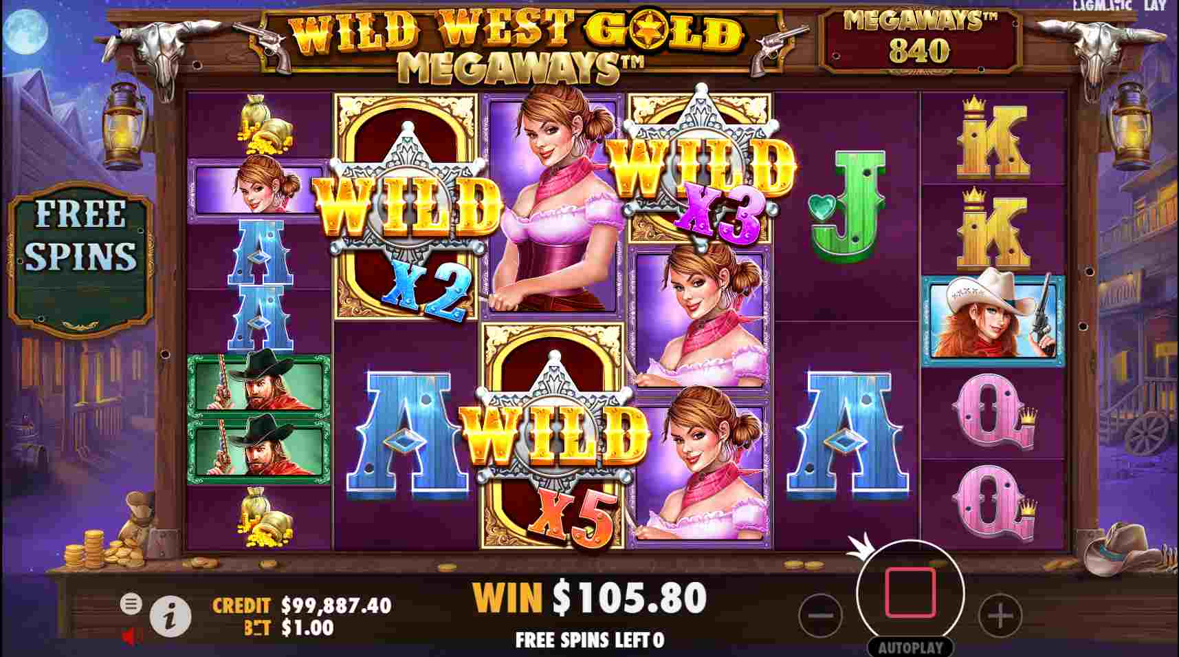 Wild West Gold Megaways free spins round showing multiple sticky Wild symbols with x2, x3 and x5 multipliers across the reels