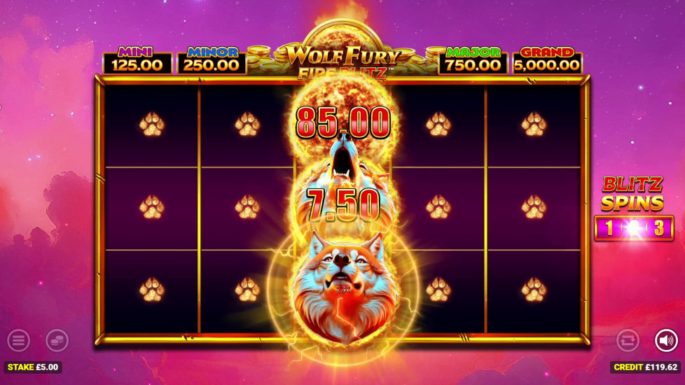 Wolf Fury Fire Blitz slot Blitz Spins feature showing a Wolf collector sweeping up paw print Cash symbols on the grid