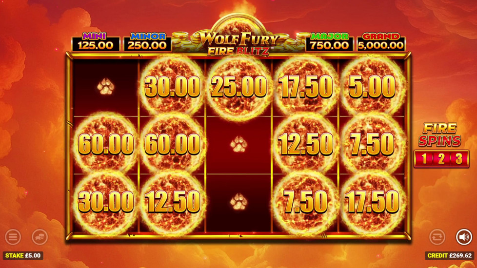 Wolf Fury Fire Blitz slot Fire Spins feature showing individual reel positions filled with cash prize values